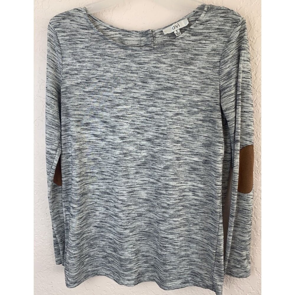 OVI Women's Pullover Gray/White Buttons Elbow Patches Size S